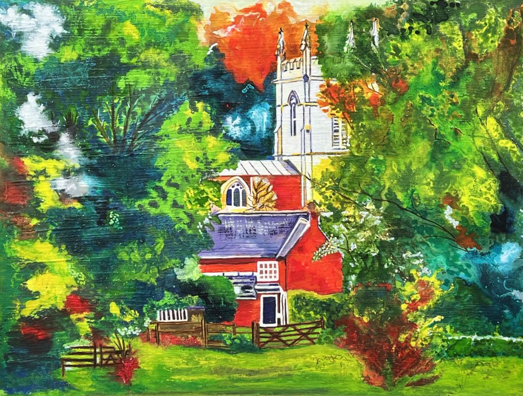 Vibrant painting of an old English village church surrounded by lush green trees